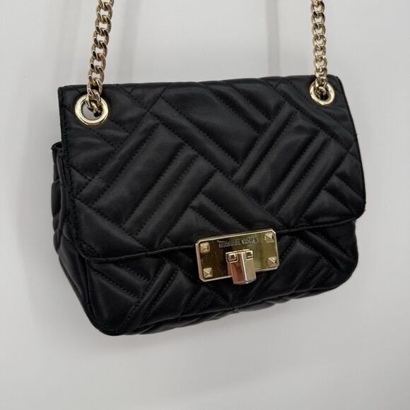 Michael Kors Peyton Medium Black Quilted Shoulder Bag Designer Gold - Picture 3 of 15